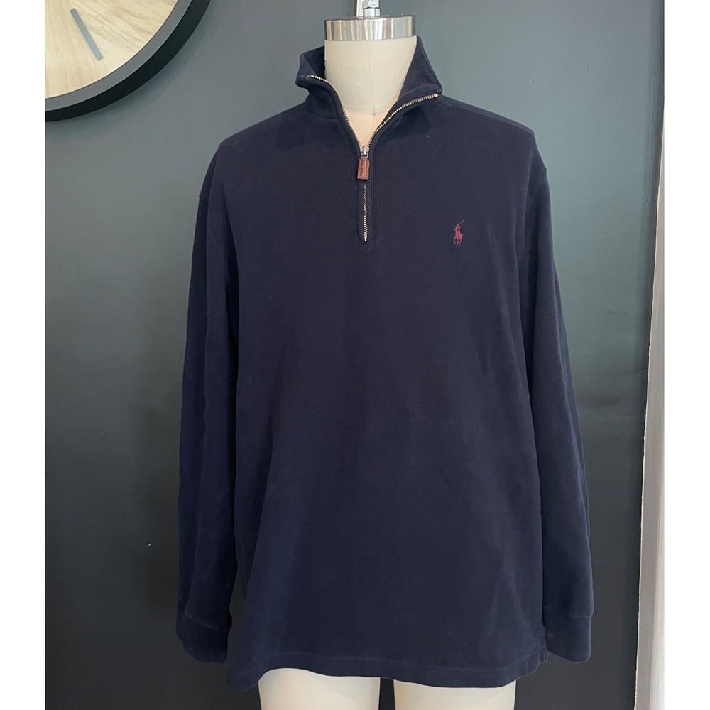 Polo Ralph Lauren Navy Blue Cotton Men's Pullover Sweater with half Zip, X Large